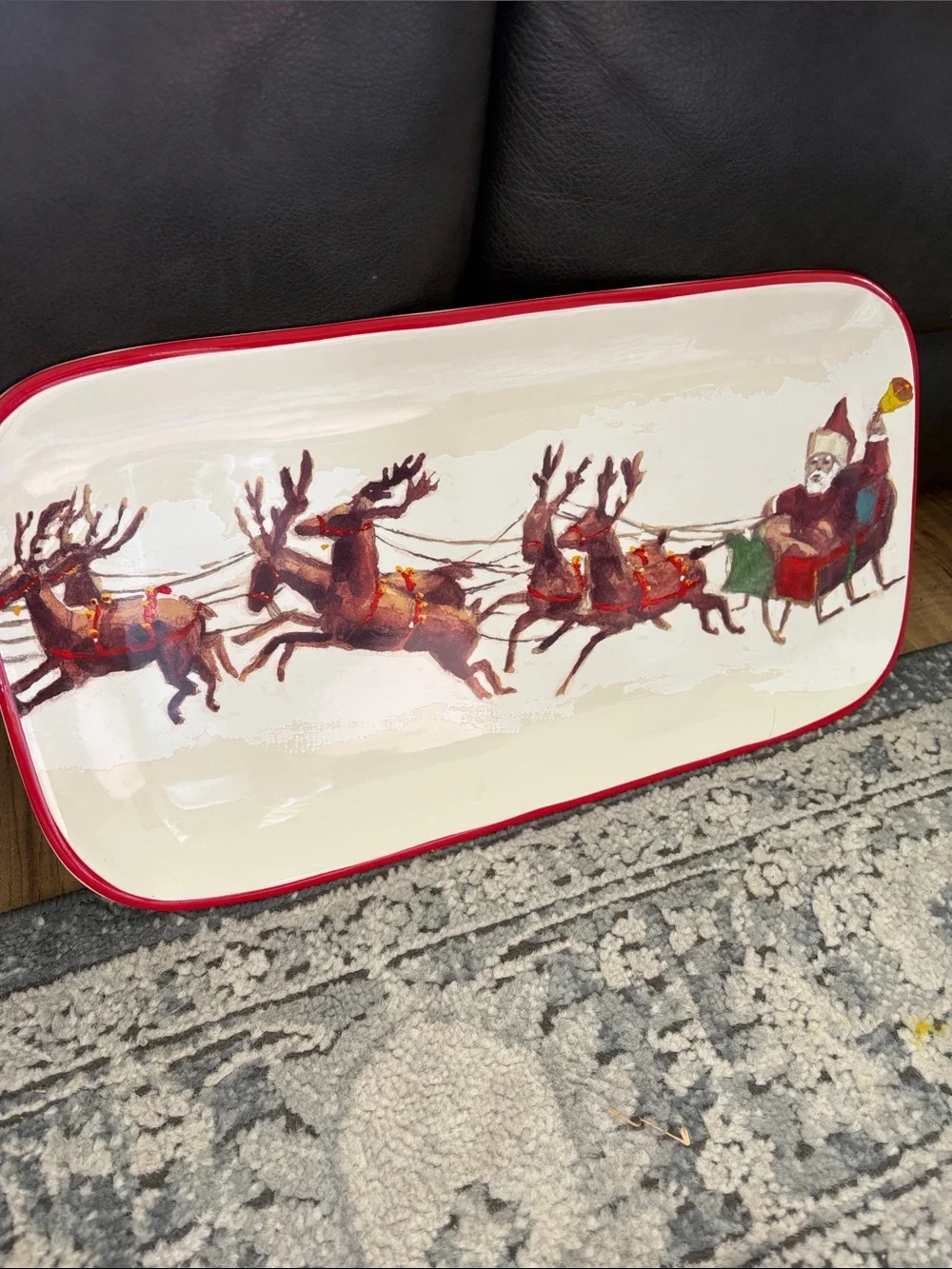 Williams Sonoma Santa and his reindeer Red Trim Santa Sleigh Serving Platter